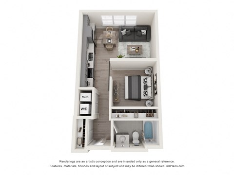 Floor plan for studio, 1 bath, 623 sqft